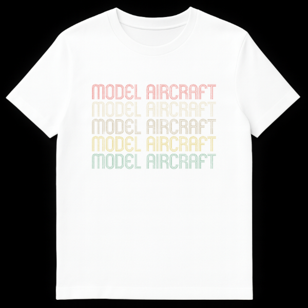 Vintage retro 'MODEL AIRCRAFT' stacked typography t-shirt with distressed multi-line letters in muted red, beige, yellow, olive, and teal on a black background, representing a passion for model aviation. on White t-shirt