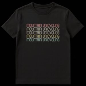 Retro Mountain Unicycling T-Shirt with stacked text in a vintage rainbow gradient on a black background on Black t-shirt