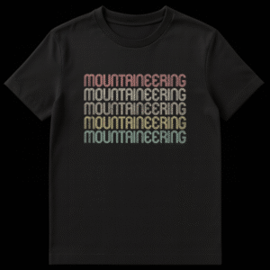 Retro vintage Mountaineering t-shirt with repeated text in a multi-color gradient on a black background on Black t-shirt