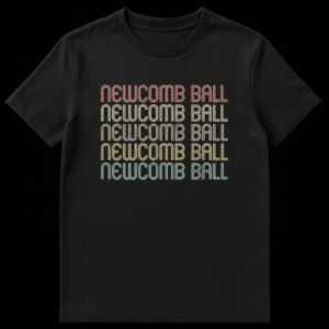 Newcomb Ball t-shirt with retro layered text in muted red, beige, yellow, gold, and teal on a black background, evoking vintage PE class nostalgia on Black t-shirt