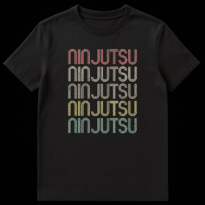 Ninjutsu Martial Art retro typography t-shirt with distressed multi-line stacked text in faded coral, khaki, olive, and teal colors on a black background. on Black t-shirt