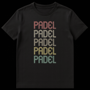 Padel Player Repeating Word T-Shirt with stacked, distressed PADEL text in vintage colors for padel sport enthusiasts on Black t-shirt
