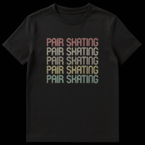 Retro 'PAIR SKATING' repeated text design on a black t-shirt with muted vintage colors on Black t-shirt