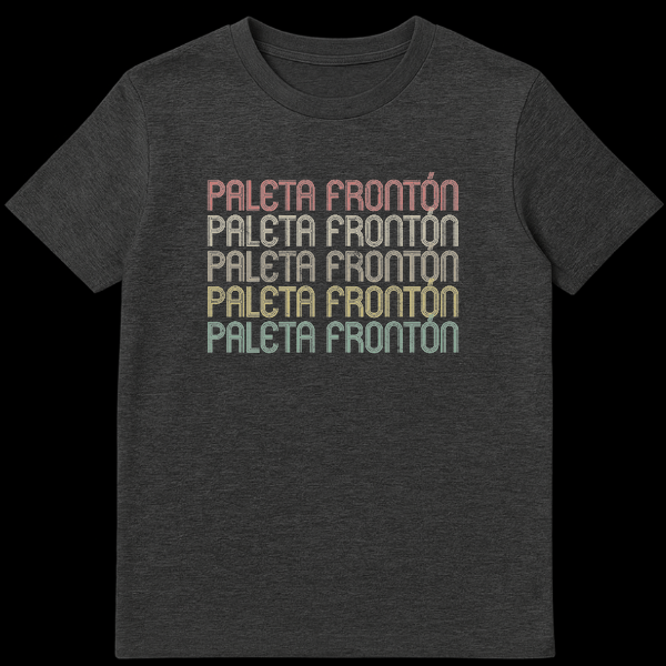 Vintage Paleta Frontón T-Shirt with stacked text in faded colors on black on Dark Heather t-shirt