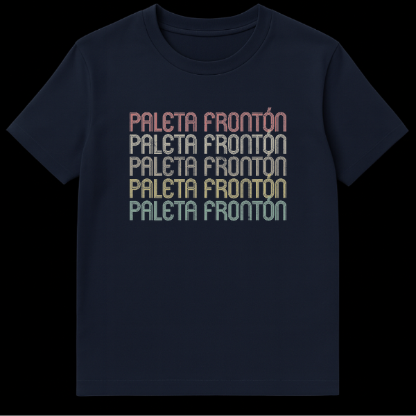 Vintage Paleta Frontón T-Shirt with stacked text in faded colors on black on Navy Blue t-shirt