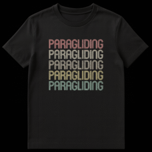 Retro Paragliding T-Shirt with stacked "PARAGLIDING" text in distressed vintage colors fading from red to teal on a black background on Black t-shirt