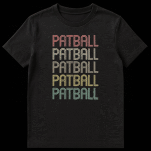 Patball T-Shirt - Distressed retro typography with muted vintage colors on a black shirt, celebrating the classic playground game on Black t-shirt