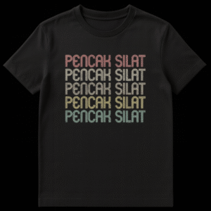 Pencak Silat T-shirt with vintage striped text in muted retro colors on black on Black t-shirt