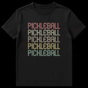 Vintage retro Pickleball t-shirt with repeated word design in faded colors on Black t-shirt