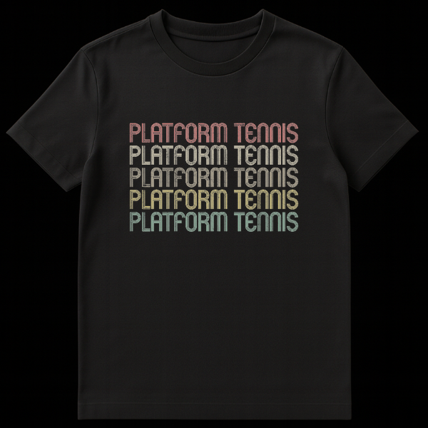 Retro Platform Tennis t-shirt with stacked vintage typography in sunset colors on a black background. on Black t-shirt