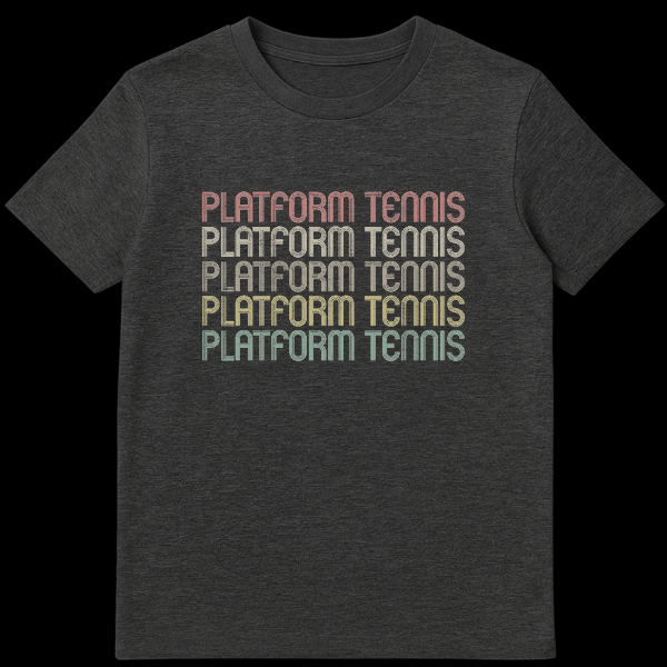 Retro Platform Tennis t-shirt with stacked vintage typography in sunset colors on a black background. on Dark Heather t-shirt