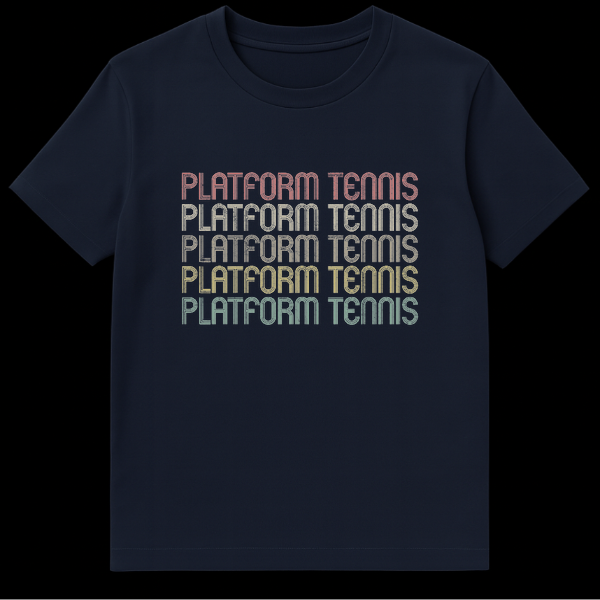 Retro Platform Tennis t-shirt with stacked vintage typography in sunset colors on a black background. on Navy Blue t-shirt