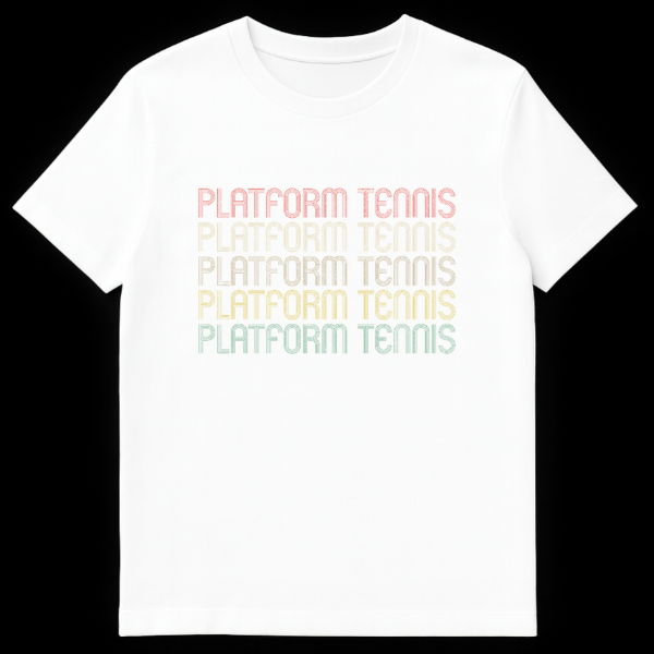 Retro Platform Tennis t-shirt with stacked vintage typography in sunset colors on a black background. on White t-shirt