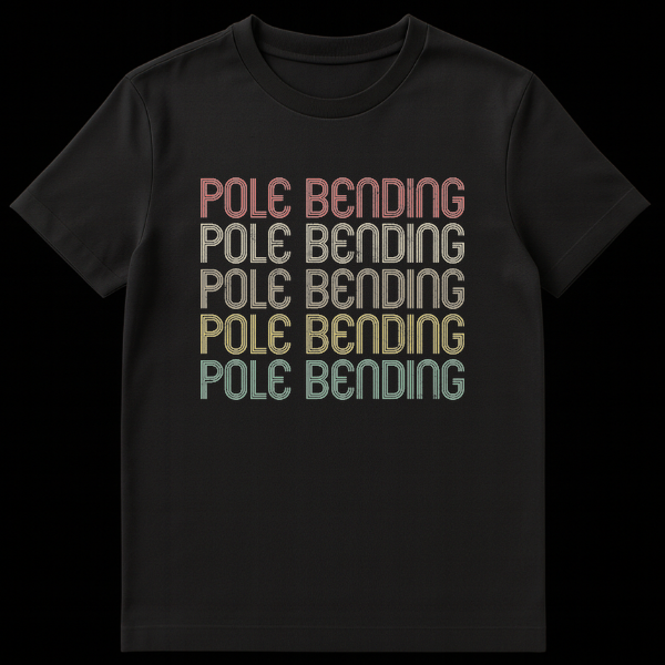 Vintage retro Pole Bending equestrian rodeo t-shirt design with stacked text in earthy tones on black background on Black t-shirt