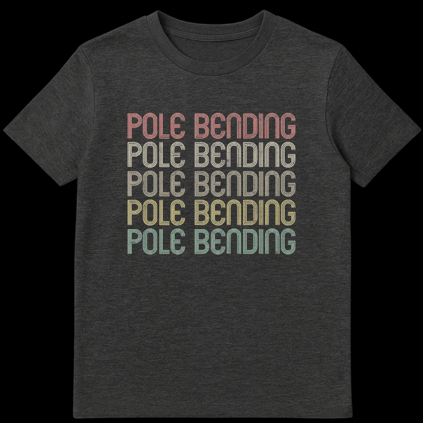 Vintage retro Pole Bending equestrian rodeo t-shirt design with stacked text in earthy tones on black background on Dark Heather t-shirt