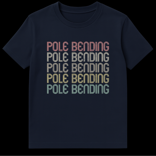 Vintage retro Pole Bending equestrian rodeo t-shirt design with stacked text in earthy tones on black background on Navy Blue t-shirt