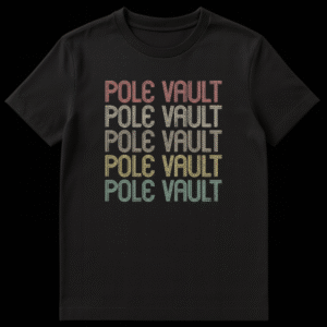 Retro style t-shirt with 'POLE VAULT' repeated five times in a multi-color gradient on a black background on Black t-shirt