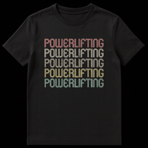 Retro Powerlifting t-shirt with stacked, distressed text in vintage colors for strength training enthusiasts on Black t-shirt