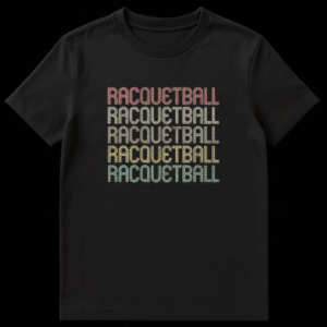 Retro Racquetball t-shirt with stacked, striped text in vintage colors on black background on Black t-shirt