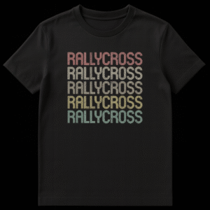 Vintage Rallycross t-shirt design with stacked, multi-colored distressed text on Black t-shirt