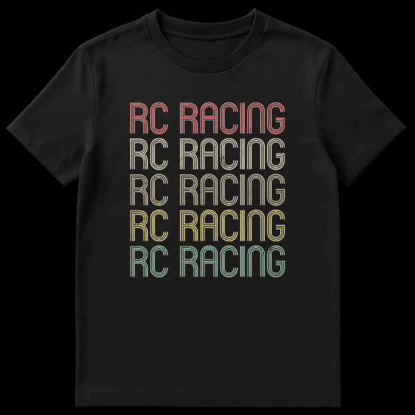 RC RACING vintage sunset gradient distressed typography t-shirt on a black background on Black t-shirt