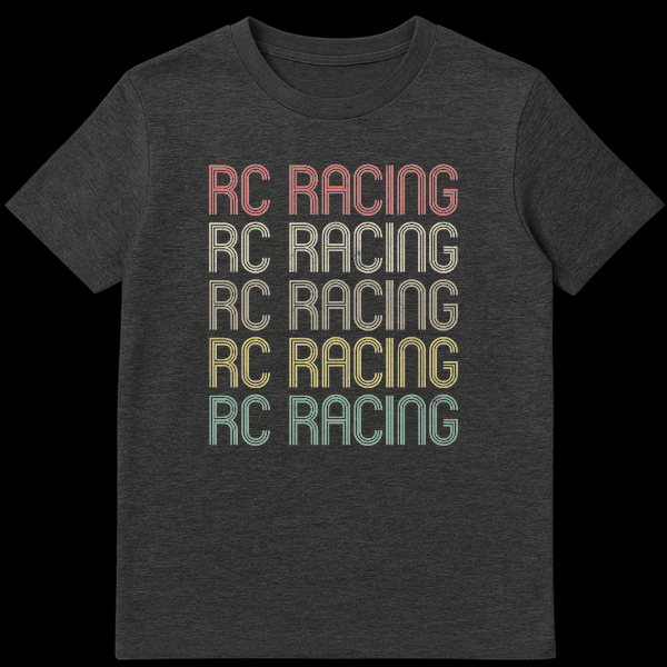 RC RACING vintage sunset gradient distressed typography t-shirt on a black background on Dark Heather t-shirt