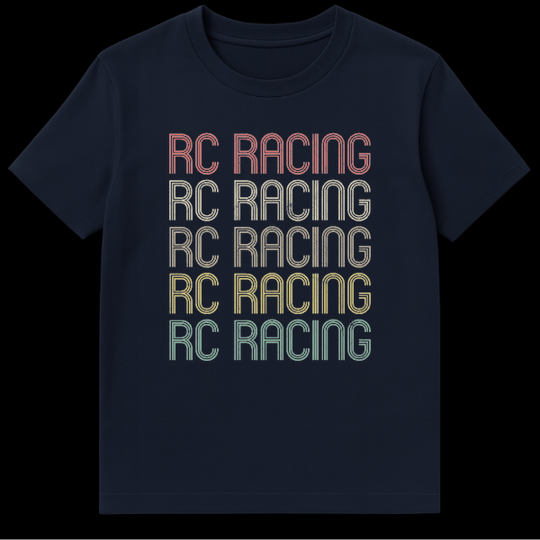 RC RACING vintage sunset gradient distressed typography t-shirt on a black background on Navy Blue t-shirt