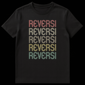 Vintage Reversi board game t-shirt with stacked, colorful text on black on Black t-shirt