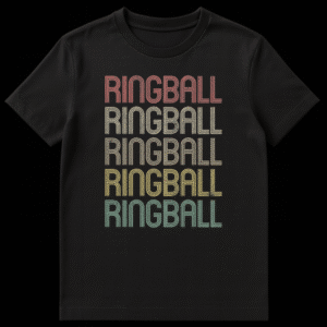 Vintage retro Ringball sport t-shirt design with distressed stacked typography in muted colors on Black t-shirt