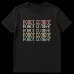 Robot Combat t-shirt with repeated distressed retro text in muted colors on black background on Black t-shirt