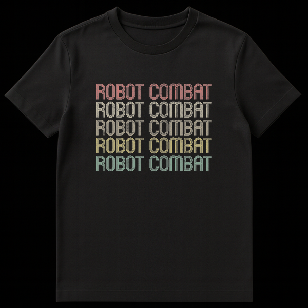 Robot Combat t-shirt with repeated distressed retro text in muted colors on black background on Black t-shirt