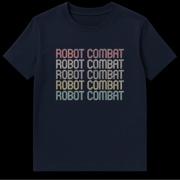Robot Combat t-shirt with repeated distressed retro text in muted colors on black background on Navy Blue t-shirt