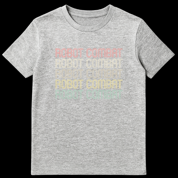 Robot Combat t-shirt with repeated distressed retro text in muted colors on black background on Sports Grey t-shirt