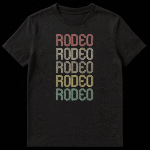 Vintage Rodeo T-shirt with stacked, repeating 'RODEO' text in distressed, multi-color retro style on a black background on Black t-shirt