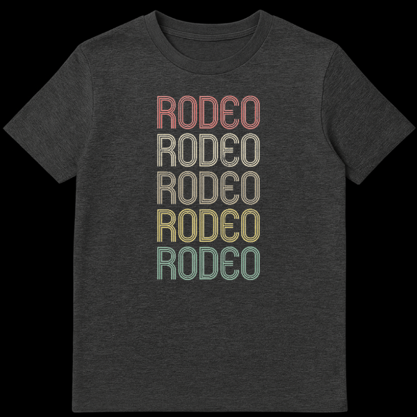 Vintage Rodeo T-shirt with stacked, repeating 'RODEO' text in distressed, multi-color retro style on a black background on Dark Heather t-shirt