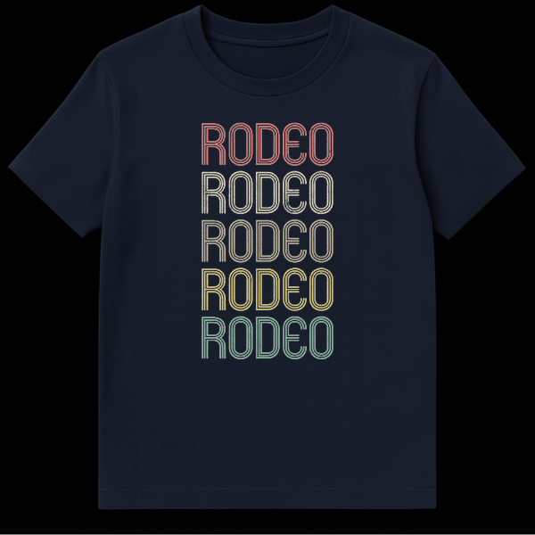 Vintage Rodeo T-shirt with stacked, repeating 'RODEO' text in distressed, multi-color retro style on a black background on Navy Blue t-shirt