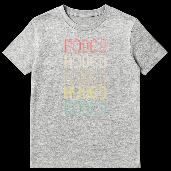 Vintage Rodeo T-shirt with stacked, repeating 'RODEO' text in distressed, multi-color retro style on a black background on Sports Grey t-shirt