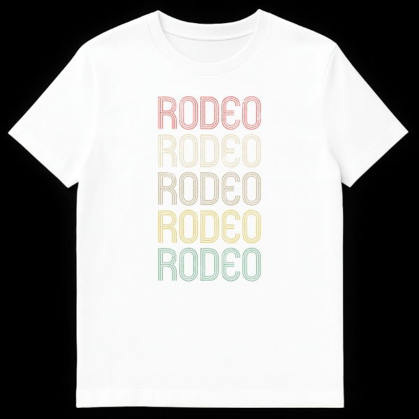 Vintage Rodeo T-shirt with stacked, repeating 'RODEO' text in distressed, multi-color retro style on a black background on White t-shirt