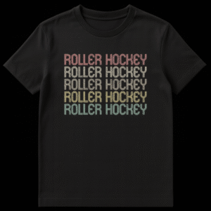 Roller Hockey Fan T-Shirt with repeating Roller Hockey text on Black t-shirt
