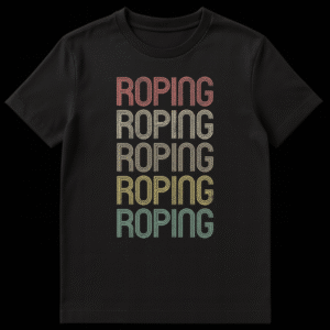 Roping T-shirt with vintage 70s/80s distressed typography in stacked, repeated text with earthy colors on Black t-shirt