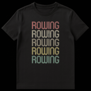 Vintage Retro Rowing T-Shirt with stacked ROWING text in rainbow colors on black on Black t-shirt