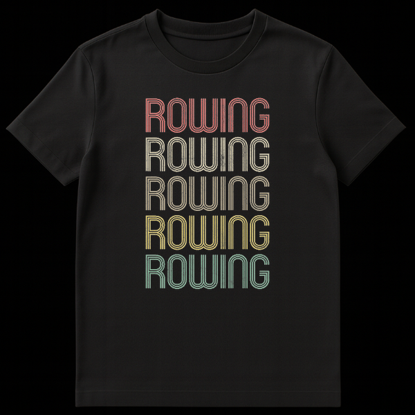 Vintage Retro Rowing T-Shirt with stacked ROWING text in rainbow colors on black on Black t-shirt