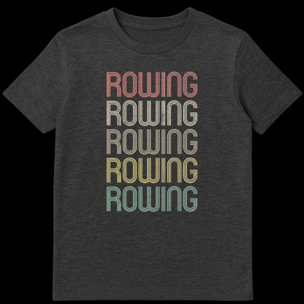 Vintage Retro Rowing T-Shirt with stacked ROWING text in rainbow colors on black on Dark Heather t-shirt