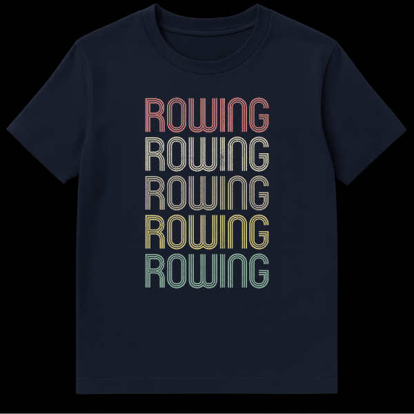 Vintage Retro Rowing T-Shirt with stacked ROWING text in rainbow colors on black on Navy Blue t-shirt