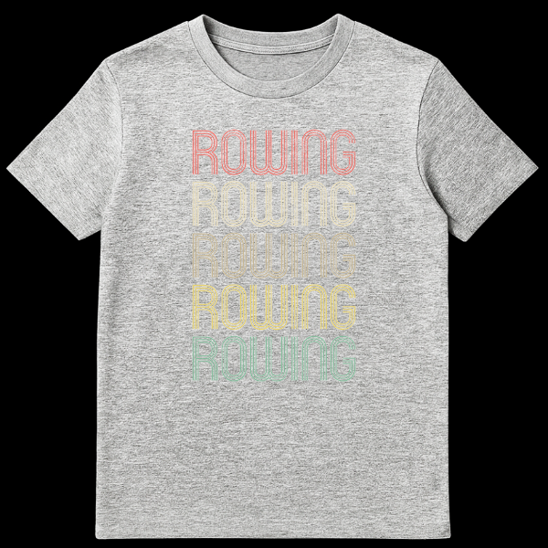 Vintage Retro Rowing T-Shirt with stacked ROWING text in rainbow colors on black on Sports Grey t-shirt