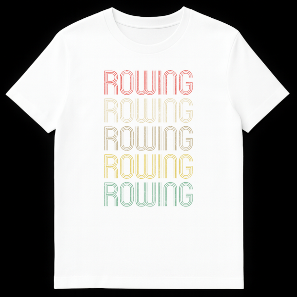 Vintage Retro Rowing T-Shirt with stacked ROWING text in rainbow colors on black on White t-shirt