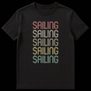 Vintage 'SAILING' stacked text t-shirt with distressed multi-line font and muted color gradient on black background. on Black t-shirt