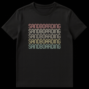 Retro stacked 'SANDBOARDING' text t-shirt with gradient colors on a black background, vintage style for enthusiasts on Black t-shirt