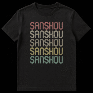 Vintage Sanshou martial arts t-shirt with stacked distressed typography in earthy gradient colors on a black background. on Black t-shirt
