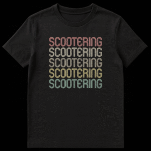 Vintage 'SCOOTERING' repeated text t-shirt with distressed rainbow gradient print on black background on Black t-shirt